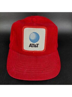 Vintage AT&T Hat Cap Strap Back Corduroy Mens Adjust Red Logo Baseball 80s